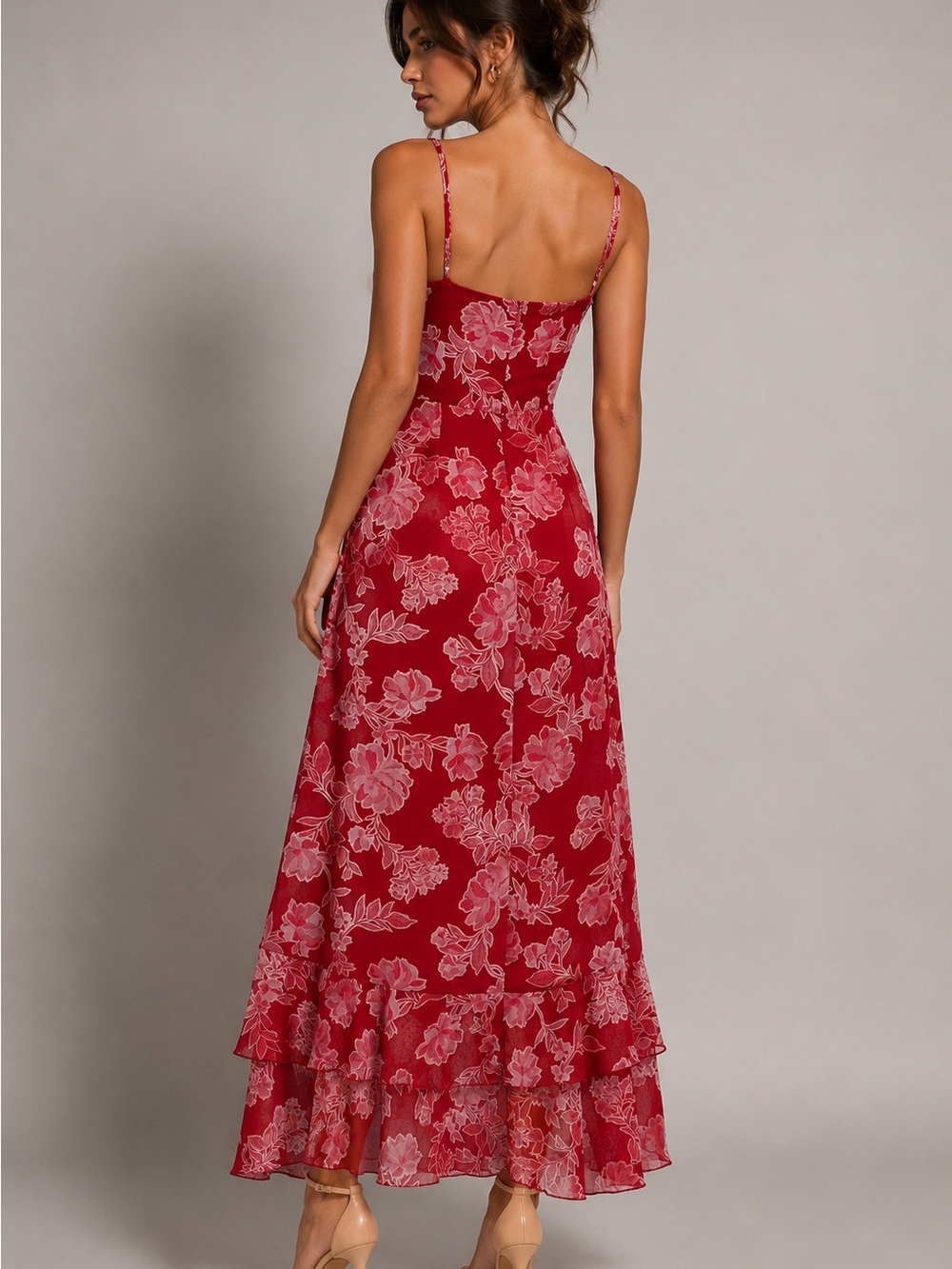 Lulu's Red Floral High-Low Ruffle Midi Dress - Picture 2 of 11